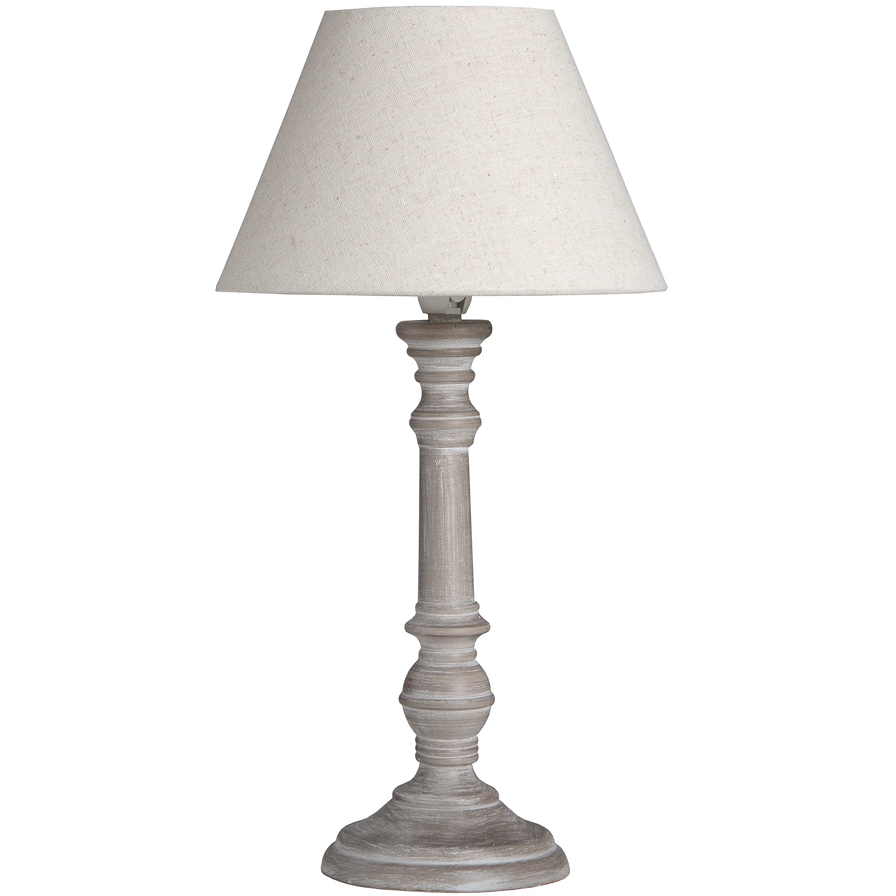 Table lamp with a white shade on a white background