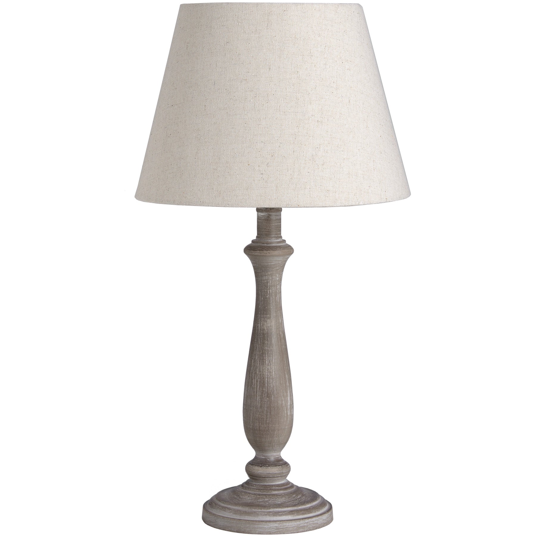 Table lamp with a beige shade and wooden base on a white background