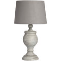 Table lamp with a gray shade and textured base on a white background