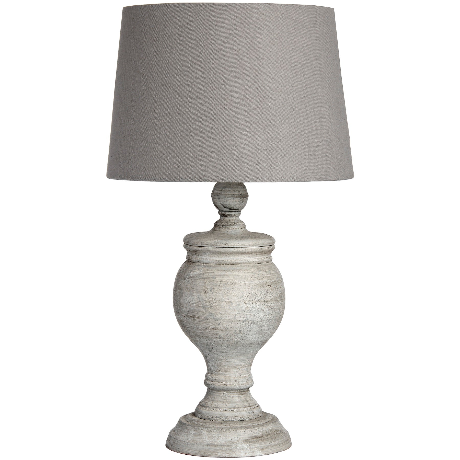Table lamp with a gray shade and textured base on a white background