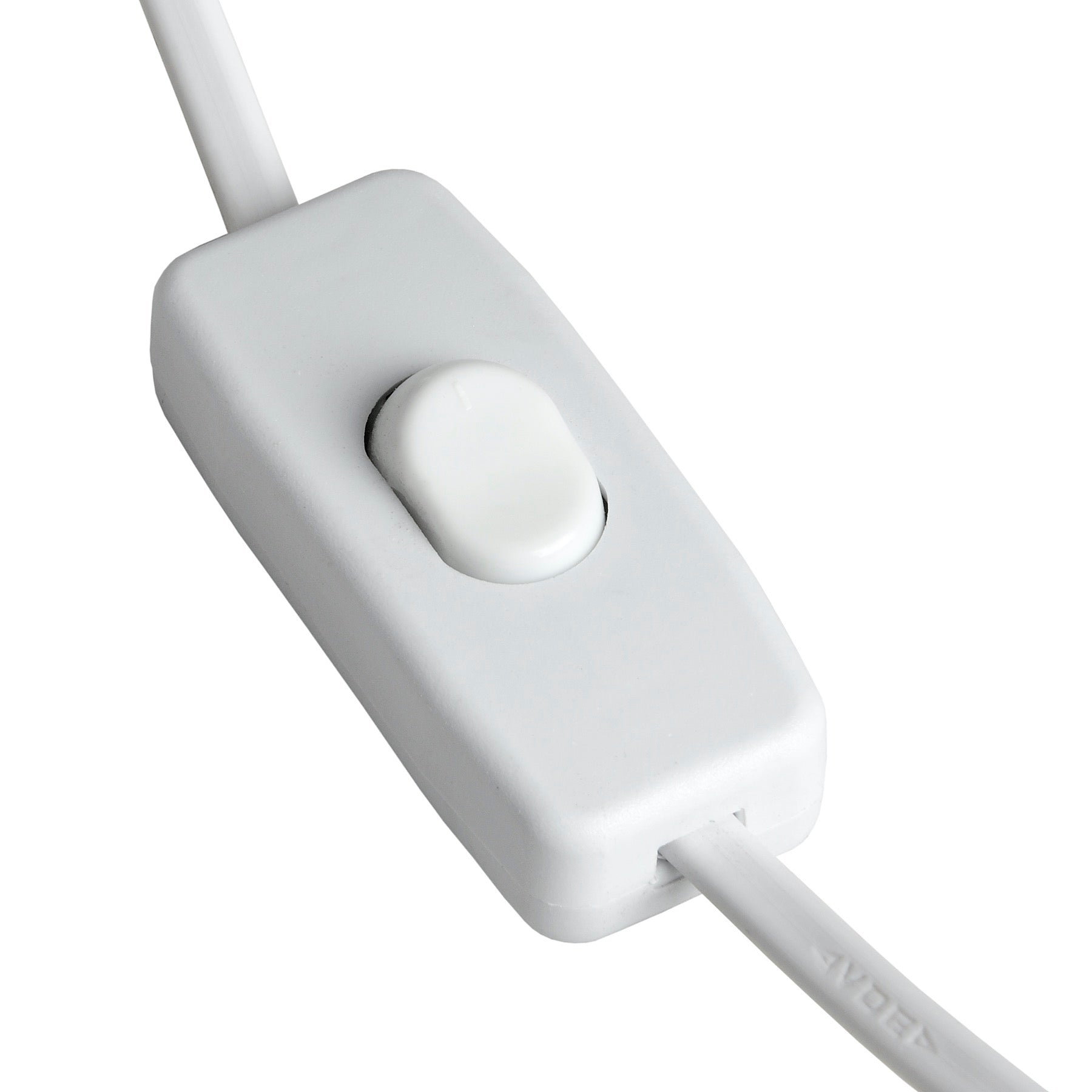 White cable connector with a round switch on a white background