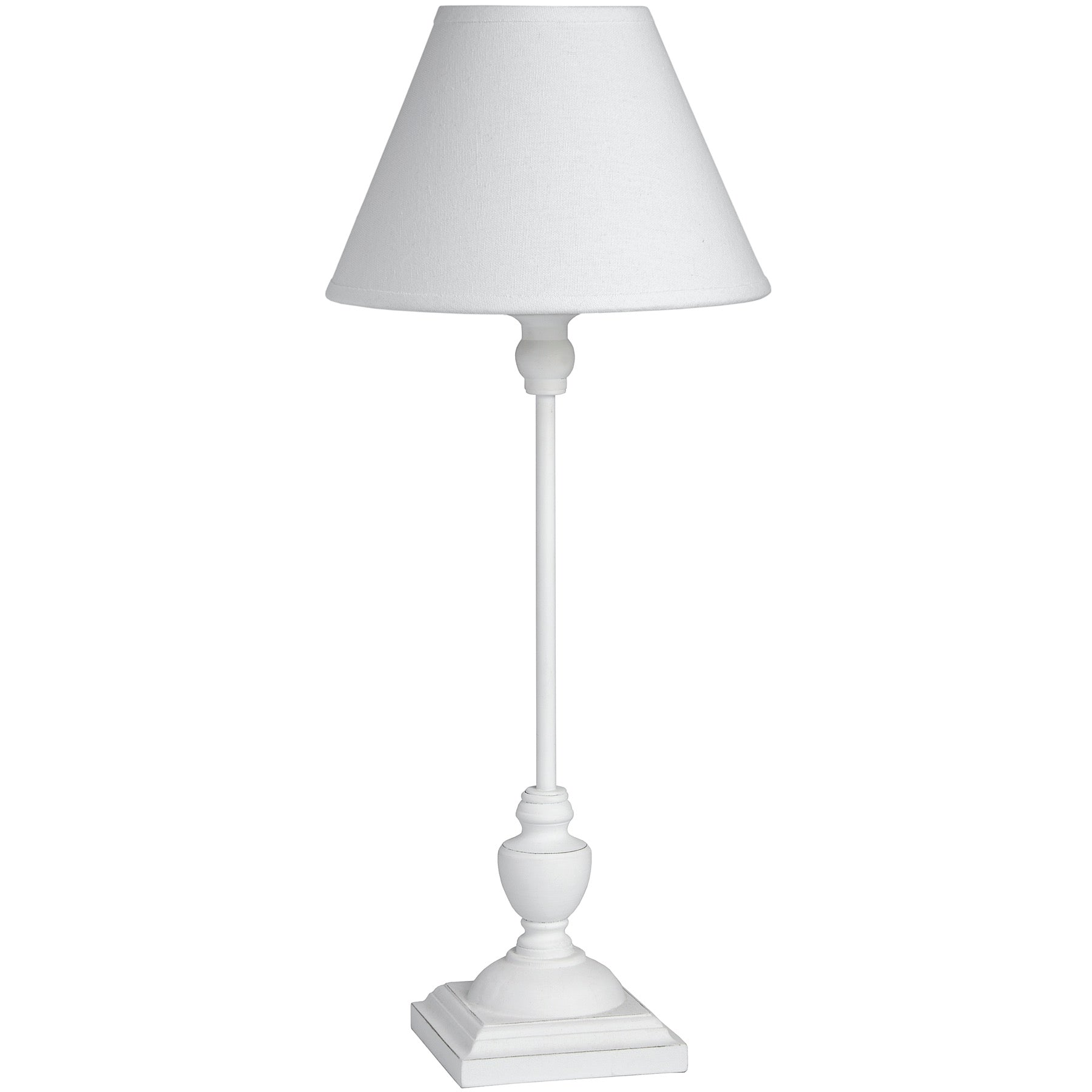 White table lamp with a white shade on a white background