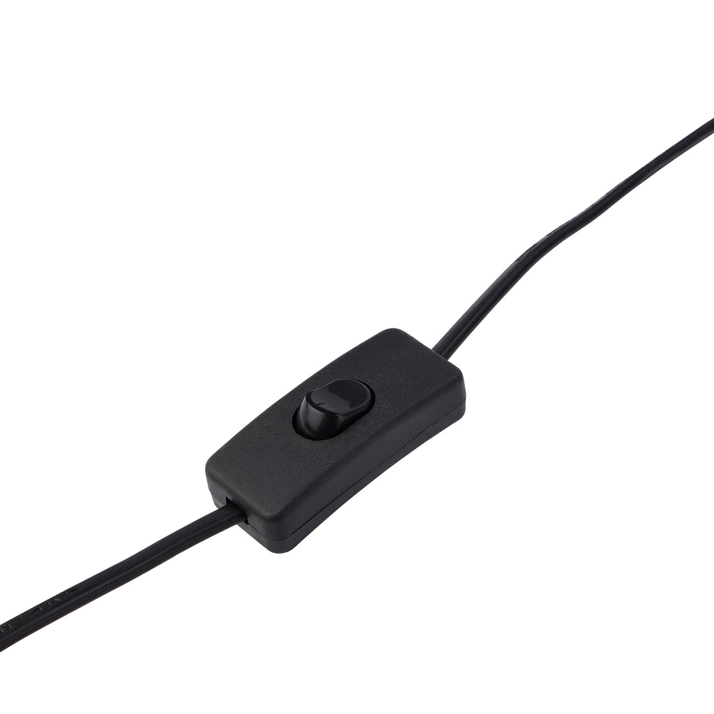 Black cable connector with a switch on a white background