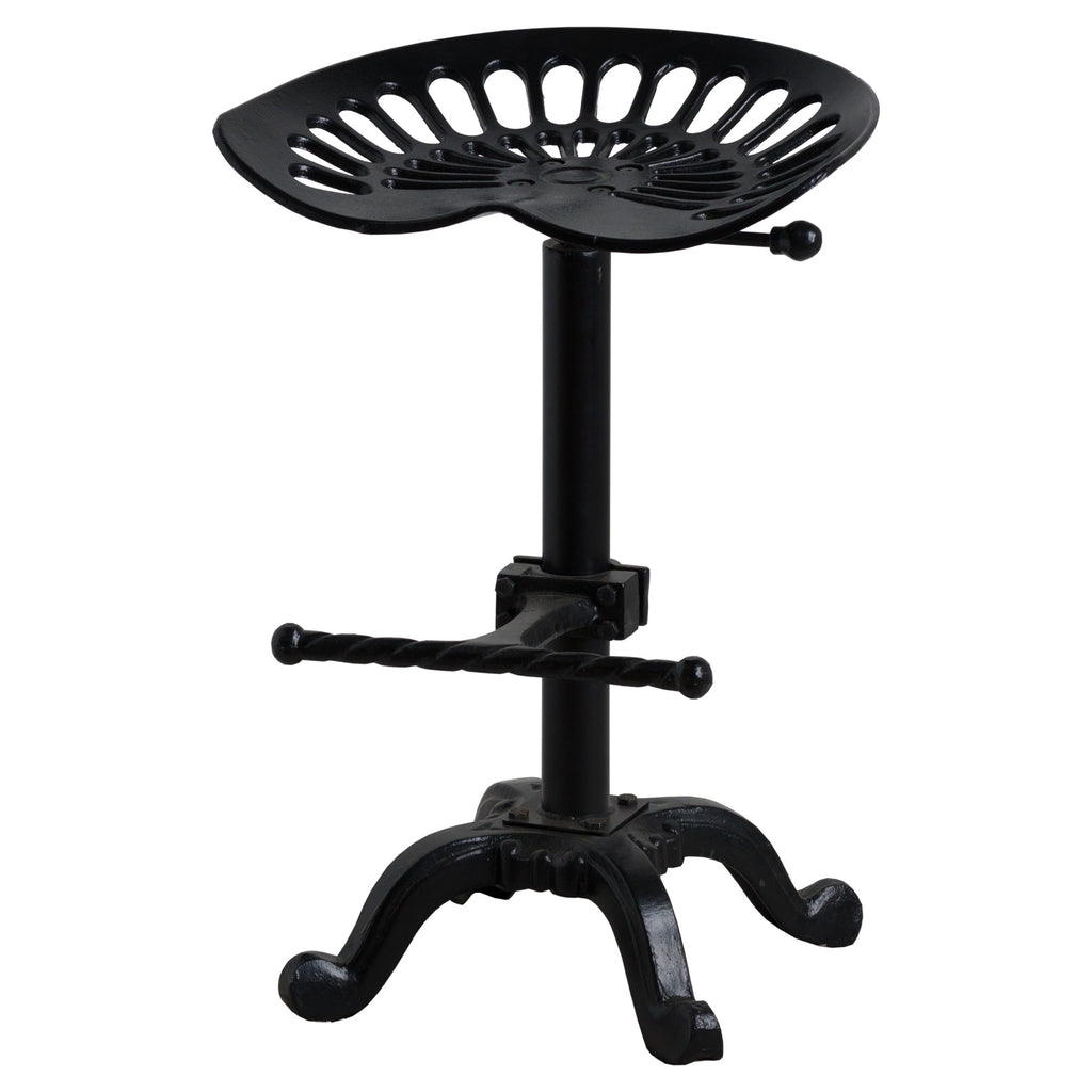 Black adjustable stool with round seat and four-legged base on a white background
