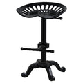 Black adjustable stool with round seat and four-legged base on a white background