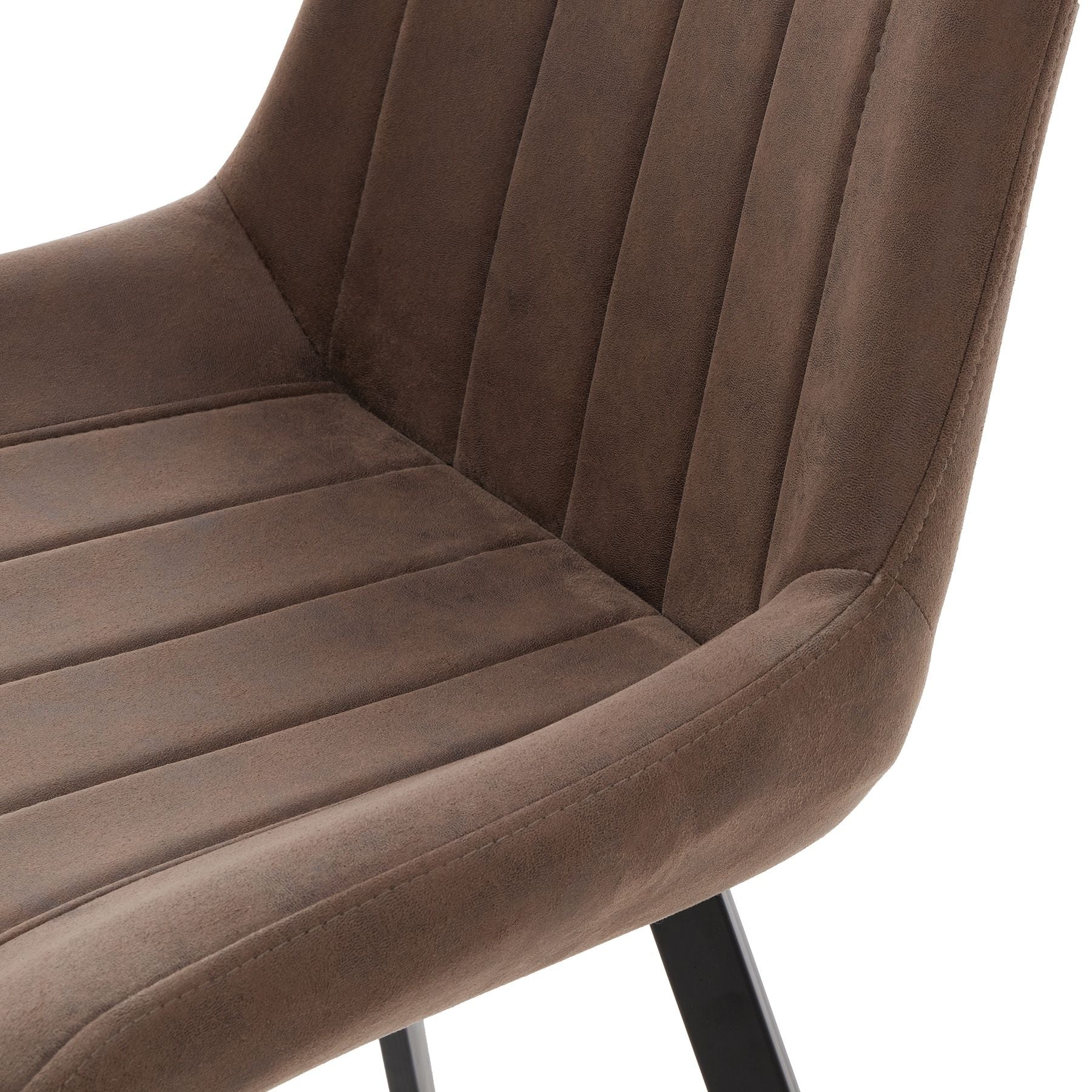 Brown velvet chair with black metal legs on a white background