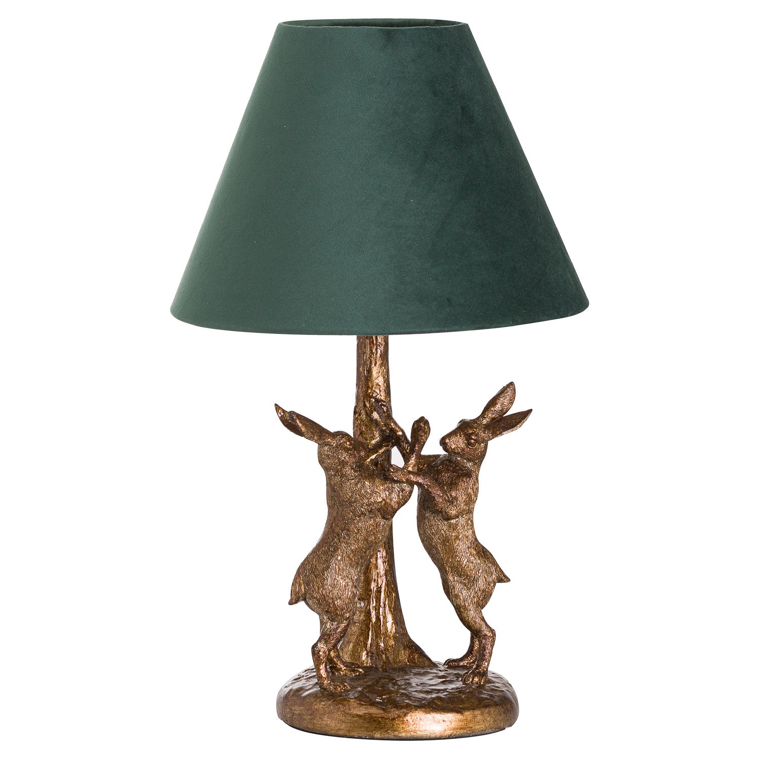 Decorative table lamp with bronze base and green shade on a white background