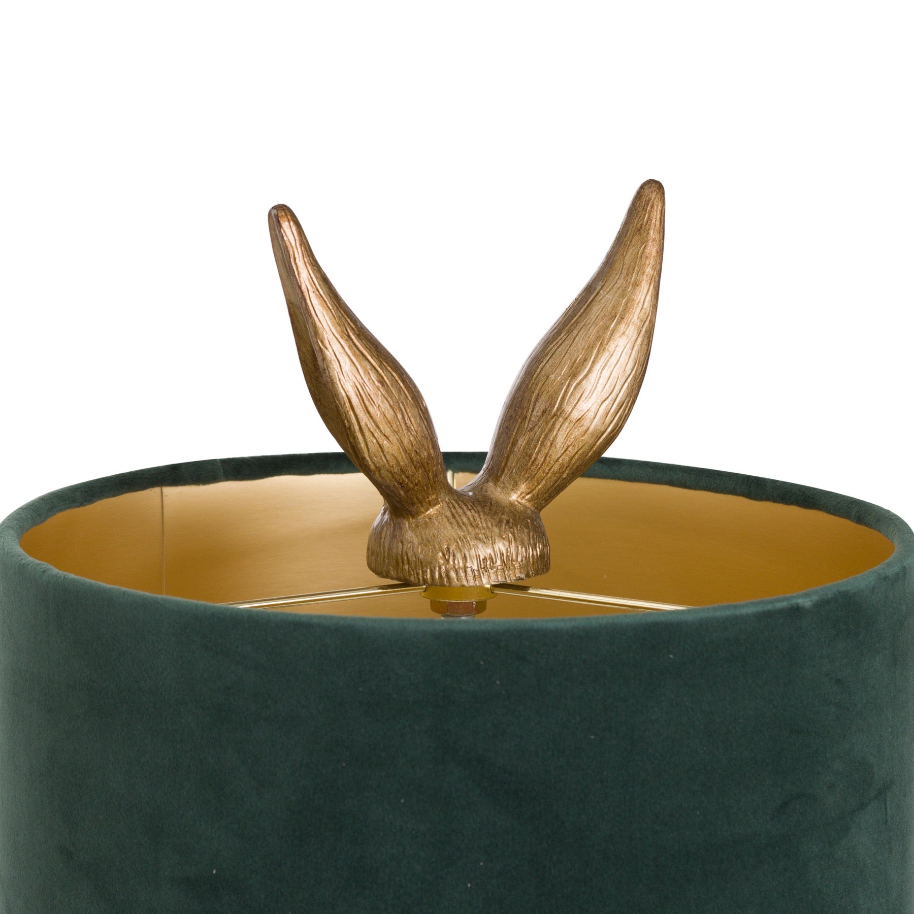 Green lampshade with gold interior and decorative gold antlers on a white background