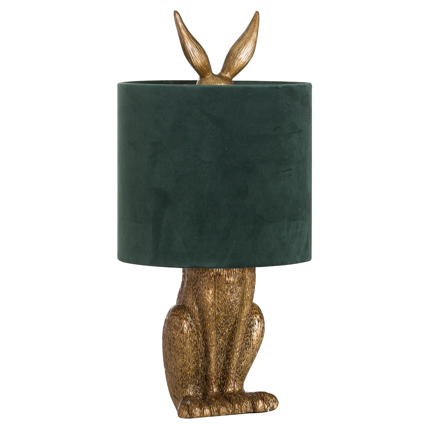 Decorative table lamp with gold rabbit body and green lampshade on a white background