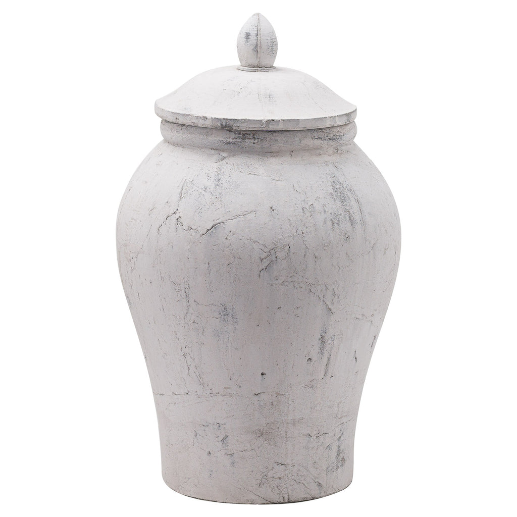 White textured urn with a lid on a white background