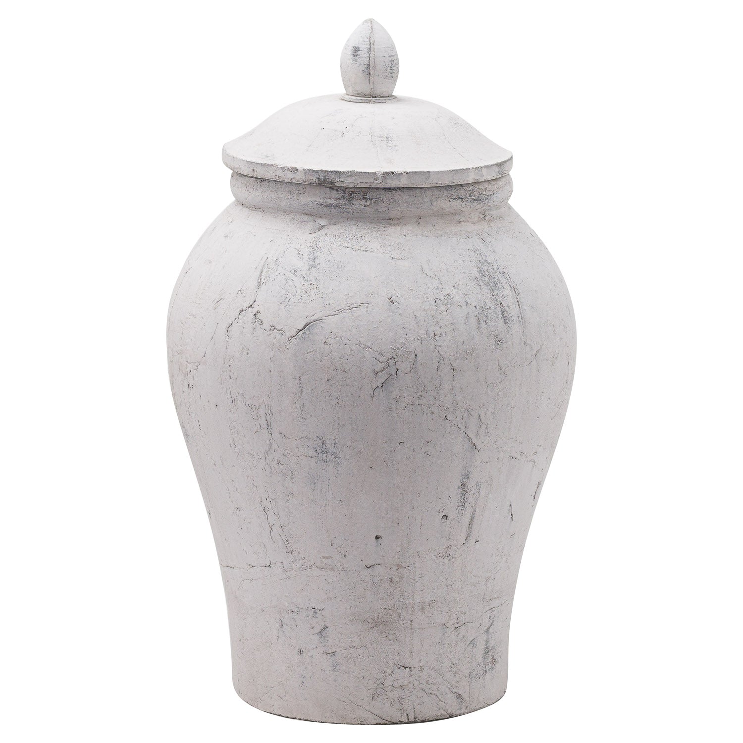 White textured urn with a lid on a white background