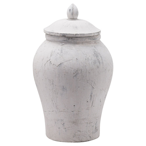 White textured urn with a lid on a white background