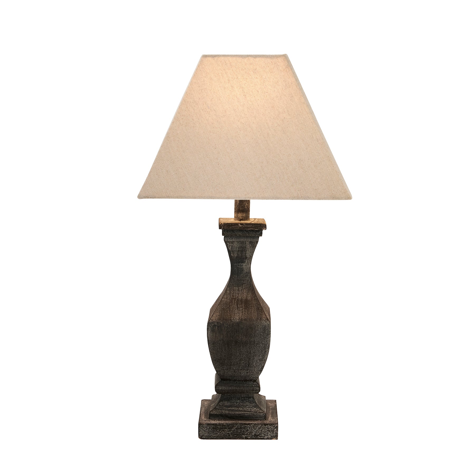 Table lamp with a textured brown base and beige lampshade on a white background