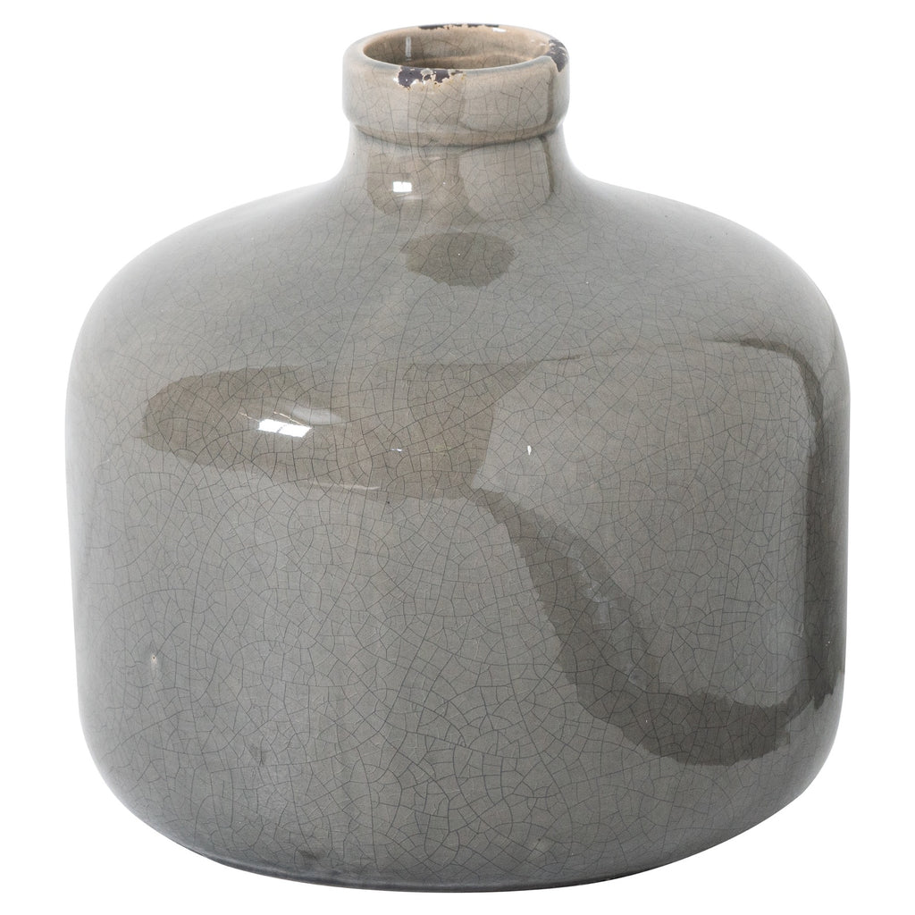 Gray ceramic vase with a cracked glaze pattern on a white background