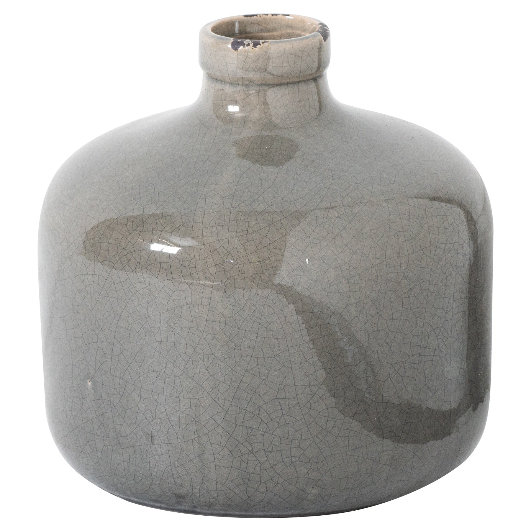 Gray ceramic vase with a cracked glaze pattern on a white background