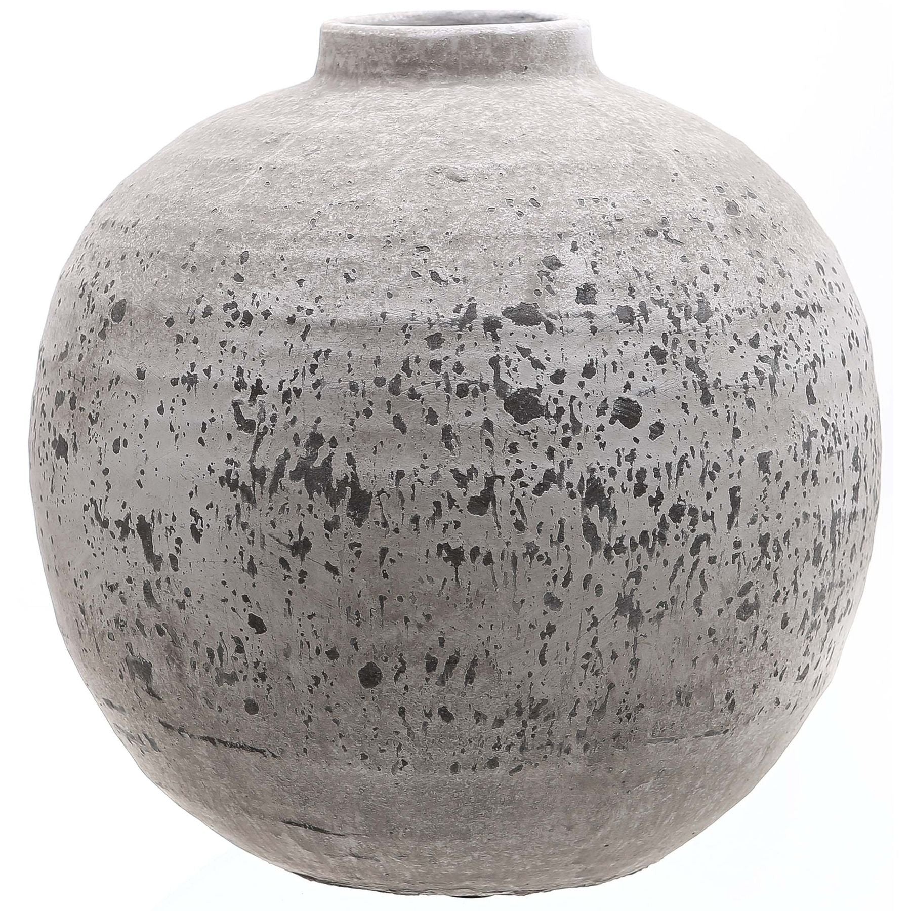 Gray ceramic vase with speckled texture on a white background