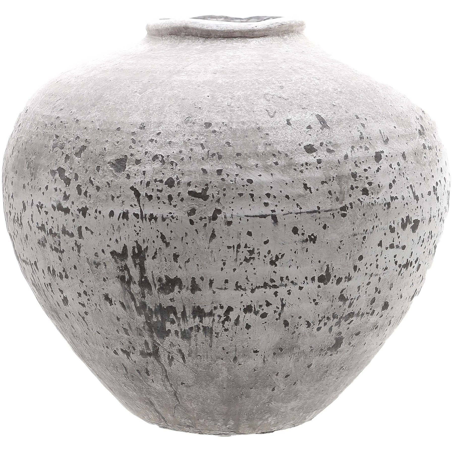 Gray terracotta pot with speckled texture on a white background