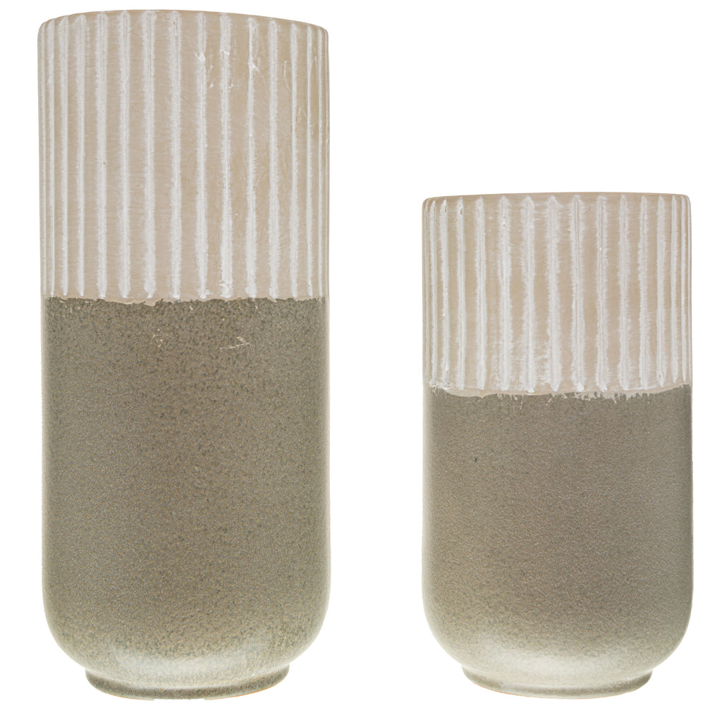 Two ceramic vases with striped design on a white background