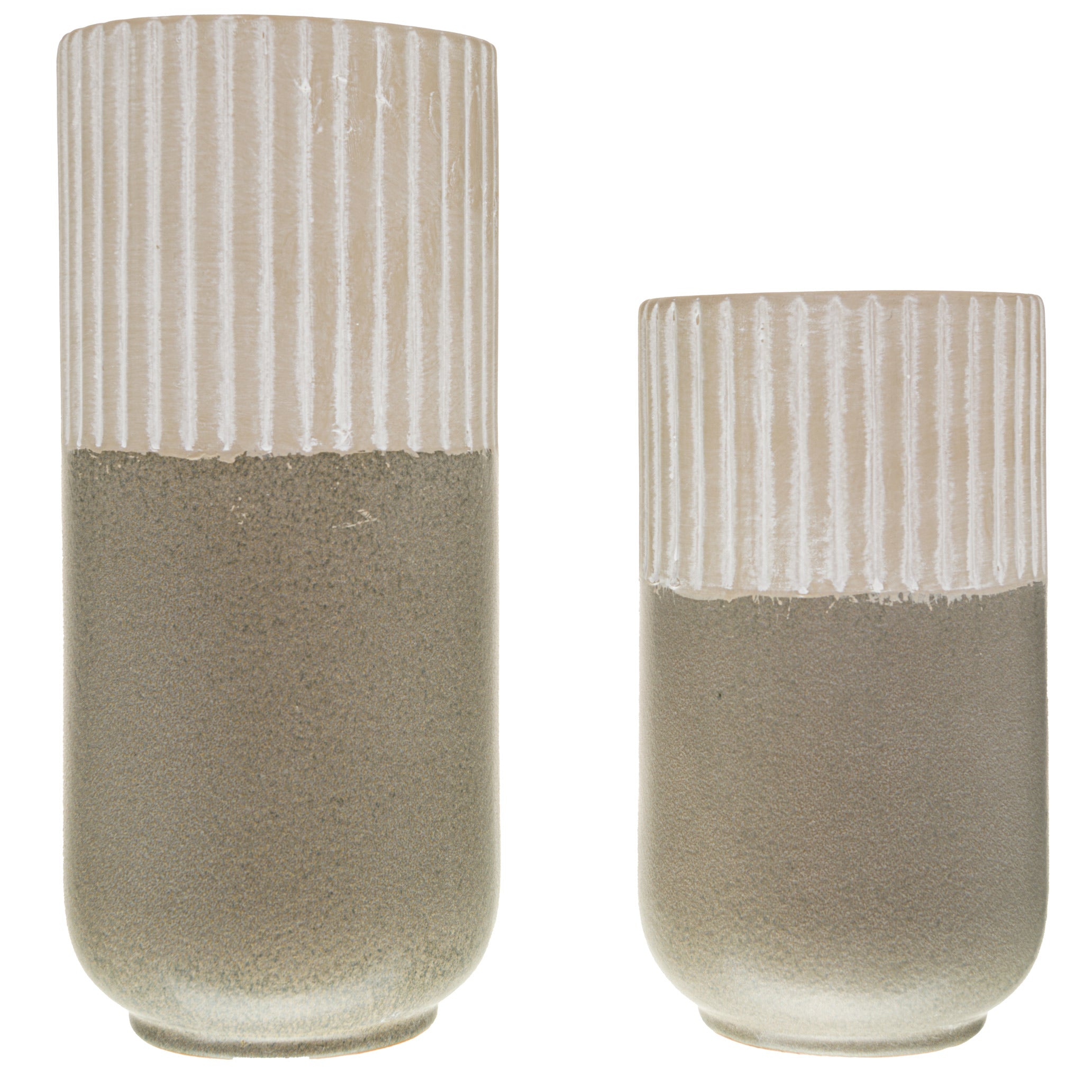 Two ceramic vases with striped design on a white background