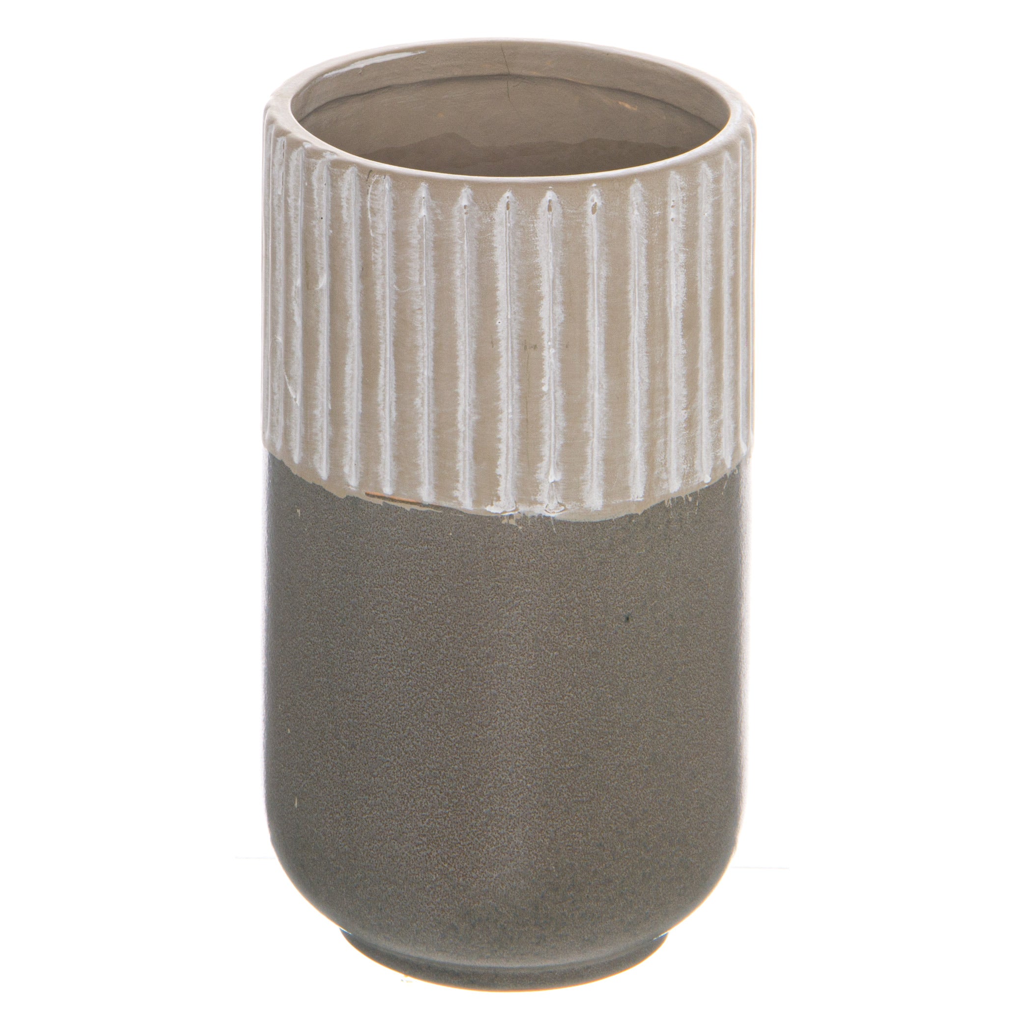 Ceramic tumbler with ribbed texture on a white background