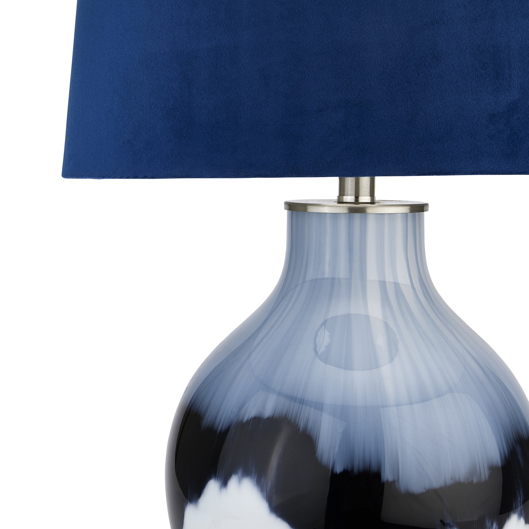 Blue and black marbled lamp with a dark blue shade on a white background