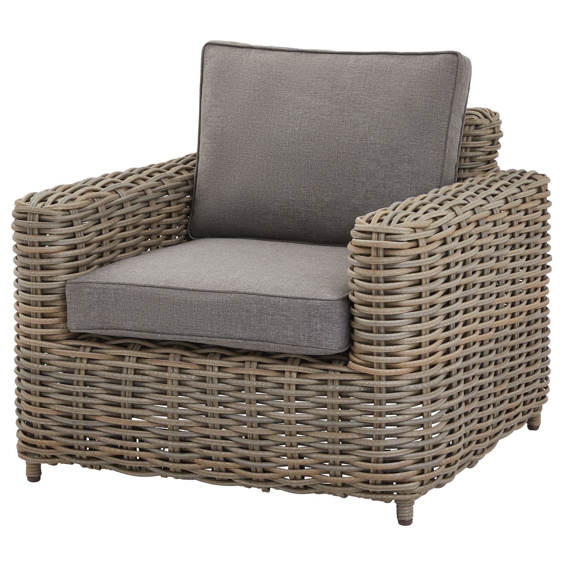 Wicker armchair with gray cushions on a white background