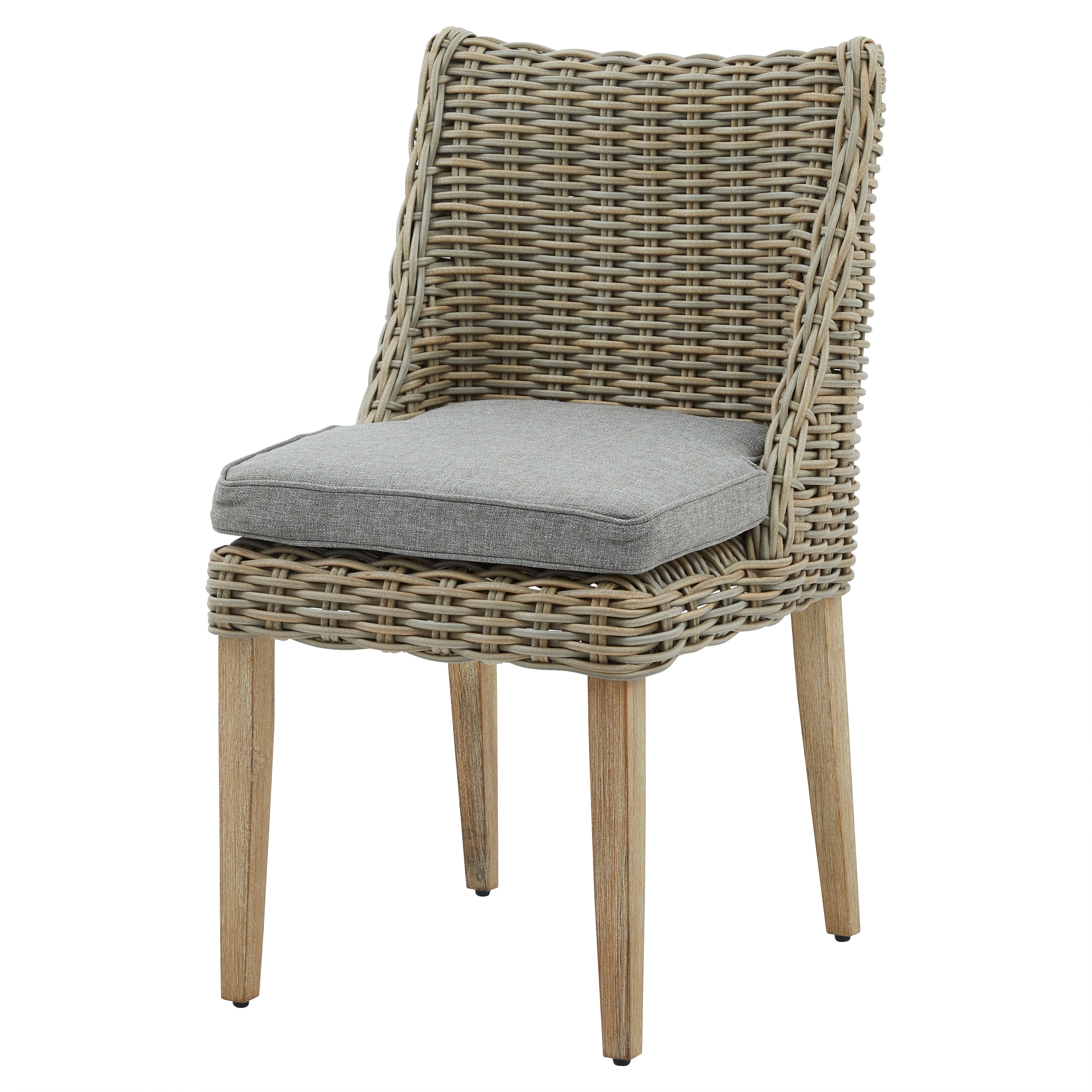Wicker chair with a gray cushion on a white background