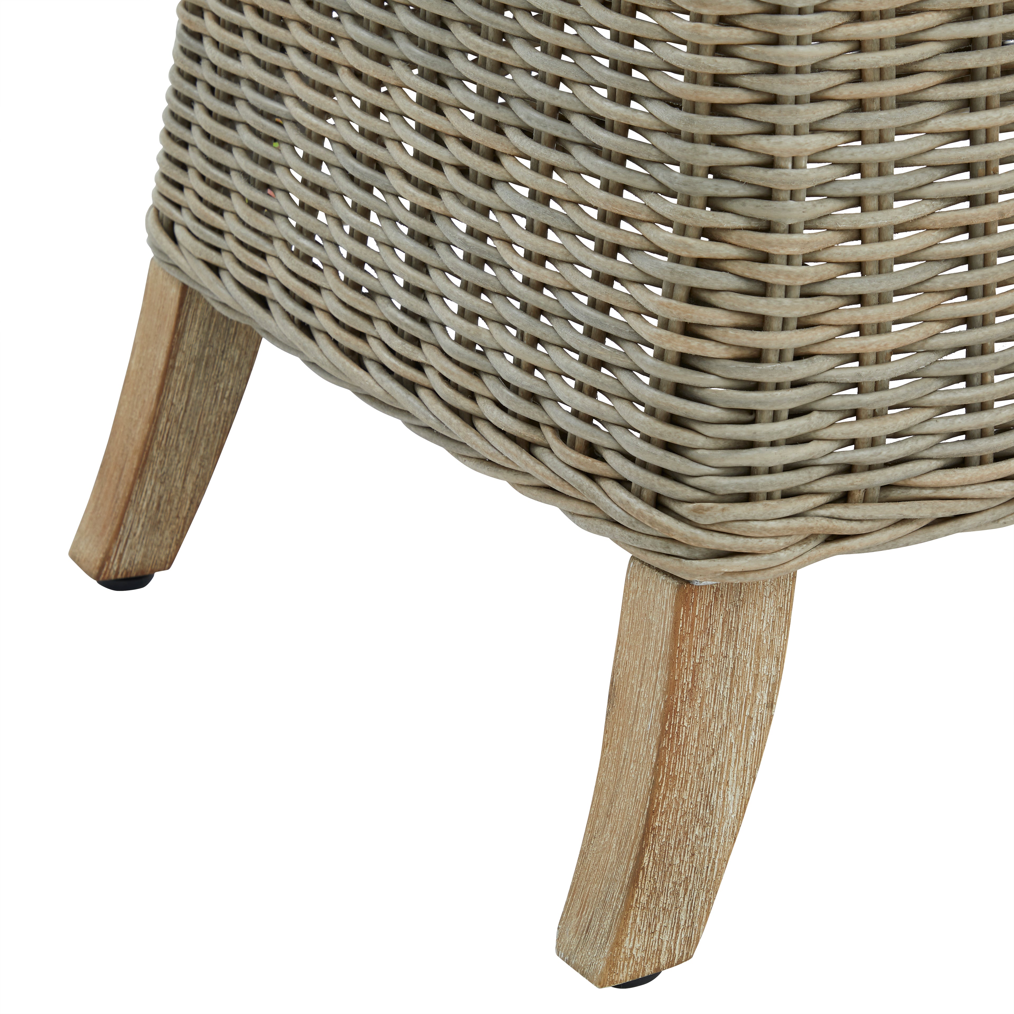 Wicker side table with wooden legs on a white background