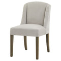 Beige upholstered chair with wooden legs on a white background