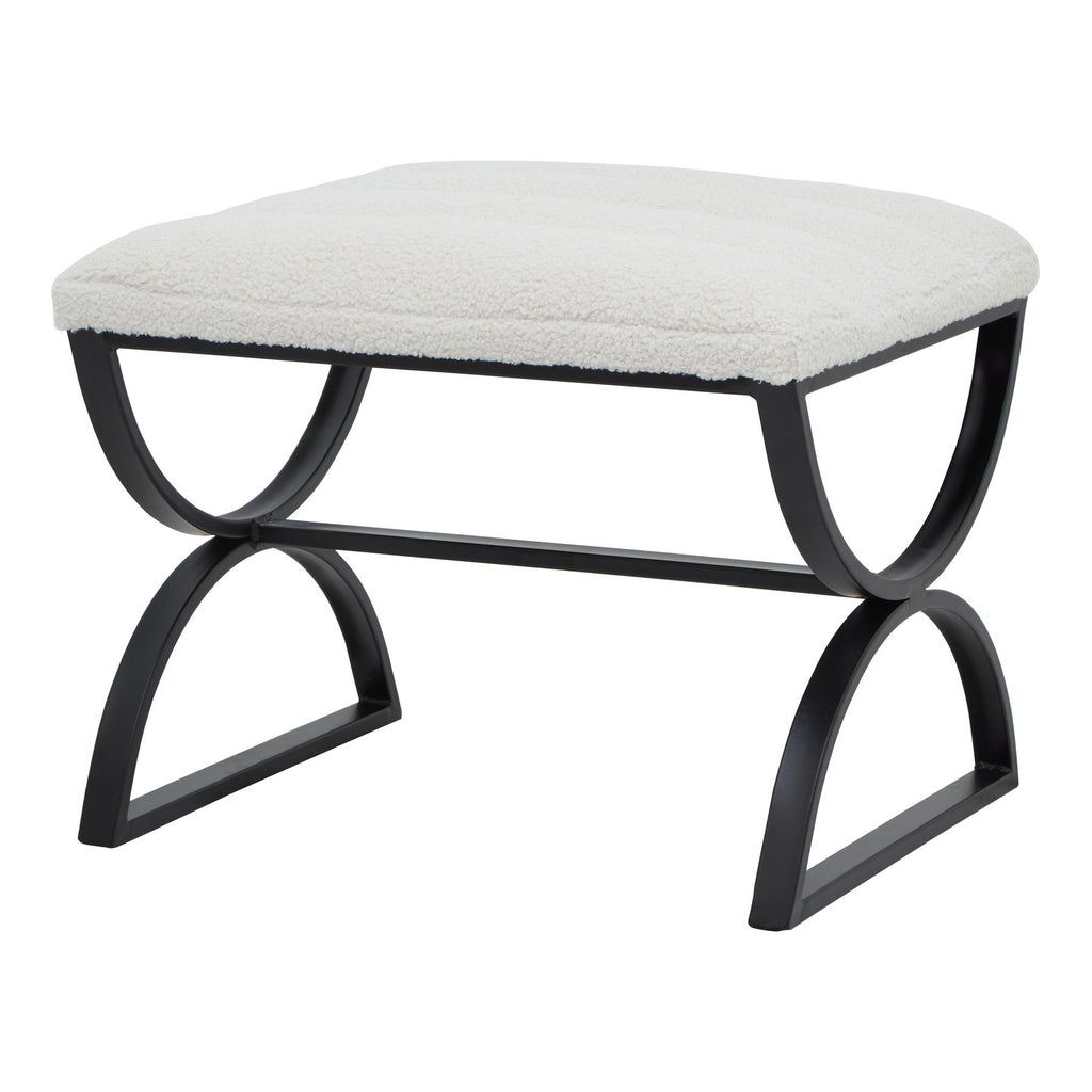 Stool with white cushioned top and black metal frame on a white background