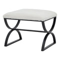 Stool with white cushioned top and black metal frame on a white background