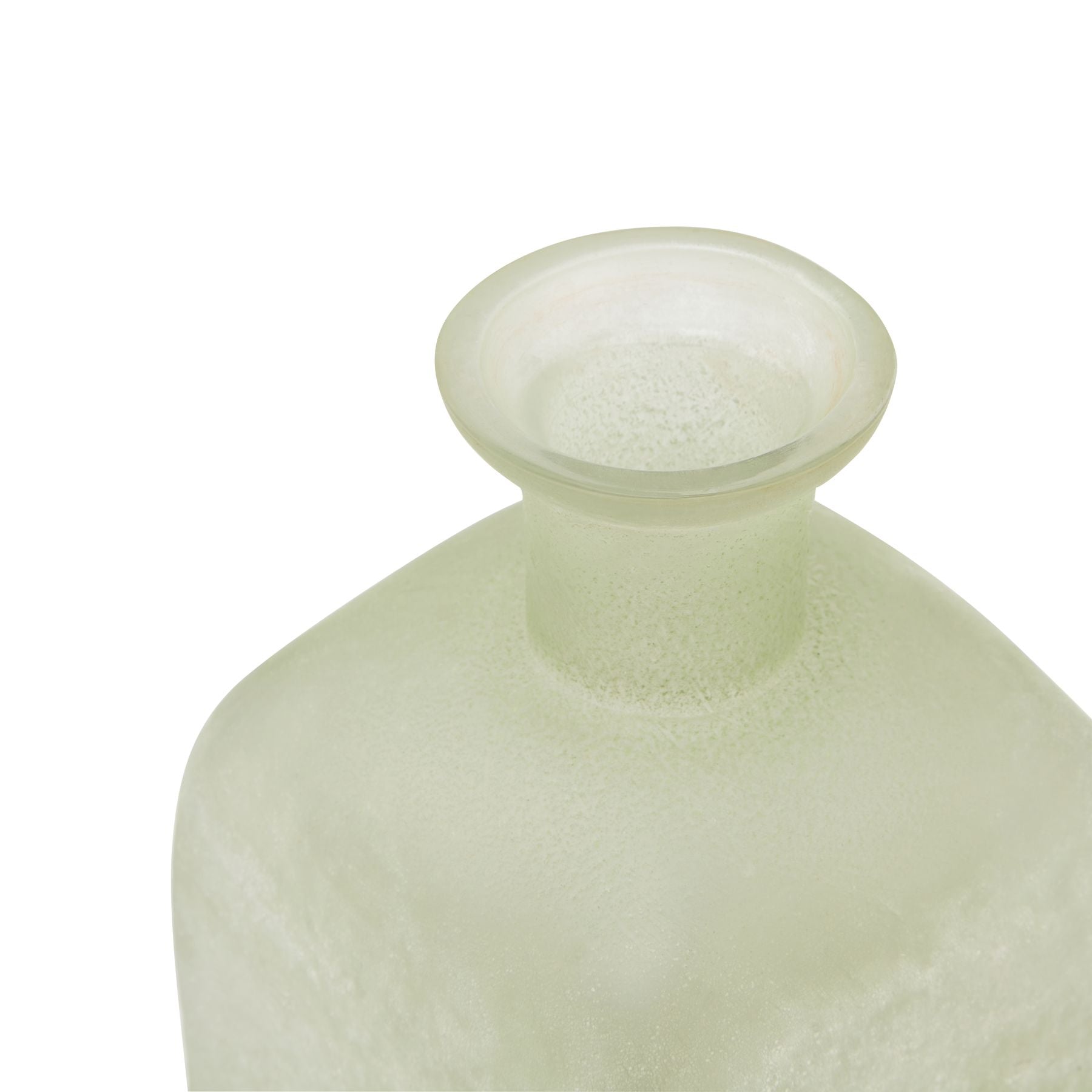 Light green glass bottle with a textured surface on a white background