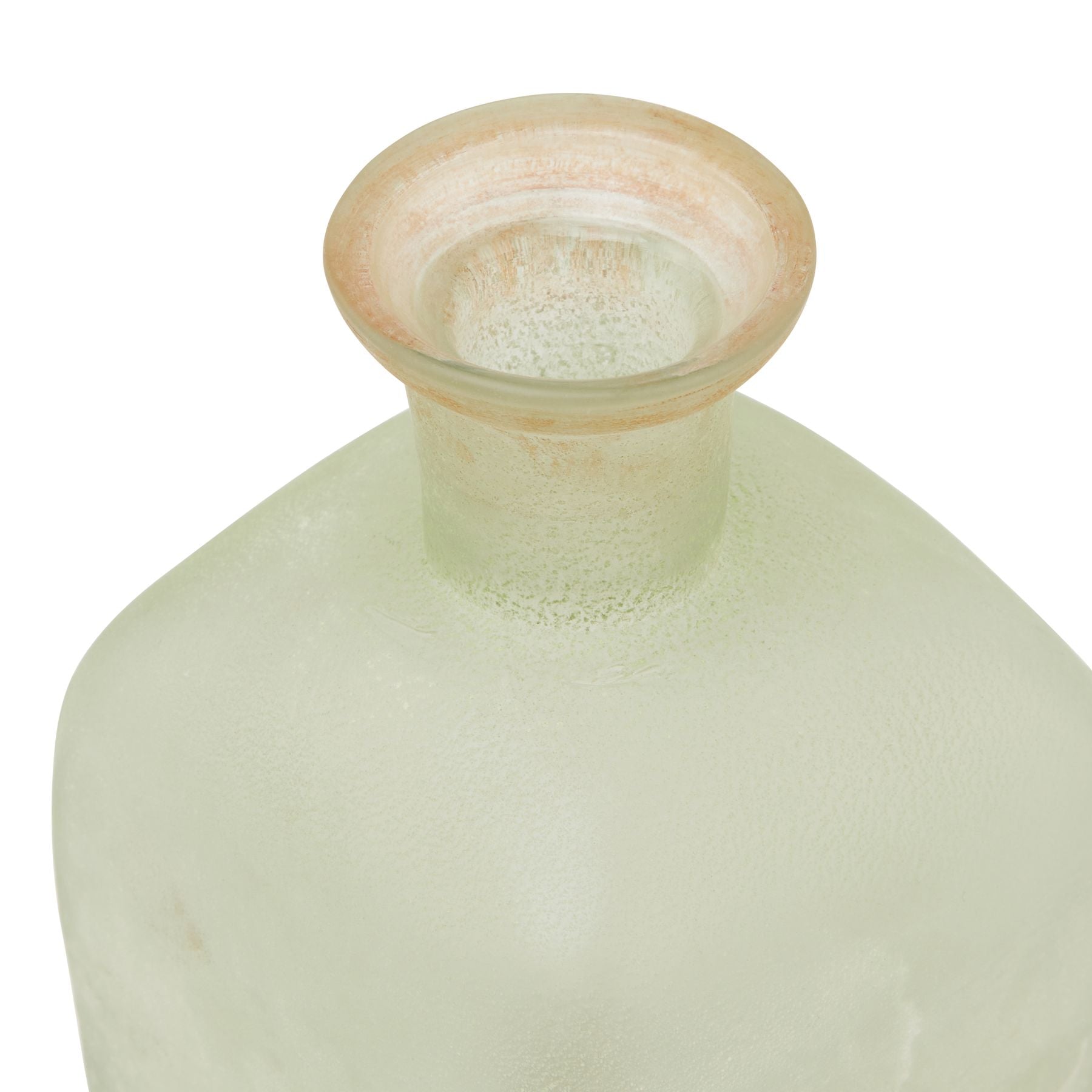 Light green glass bottle with a textured surface on a white background