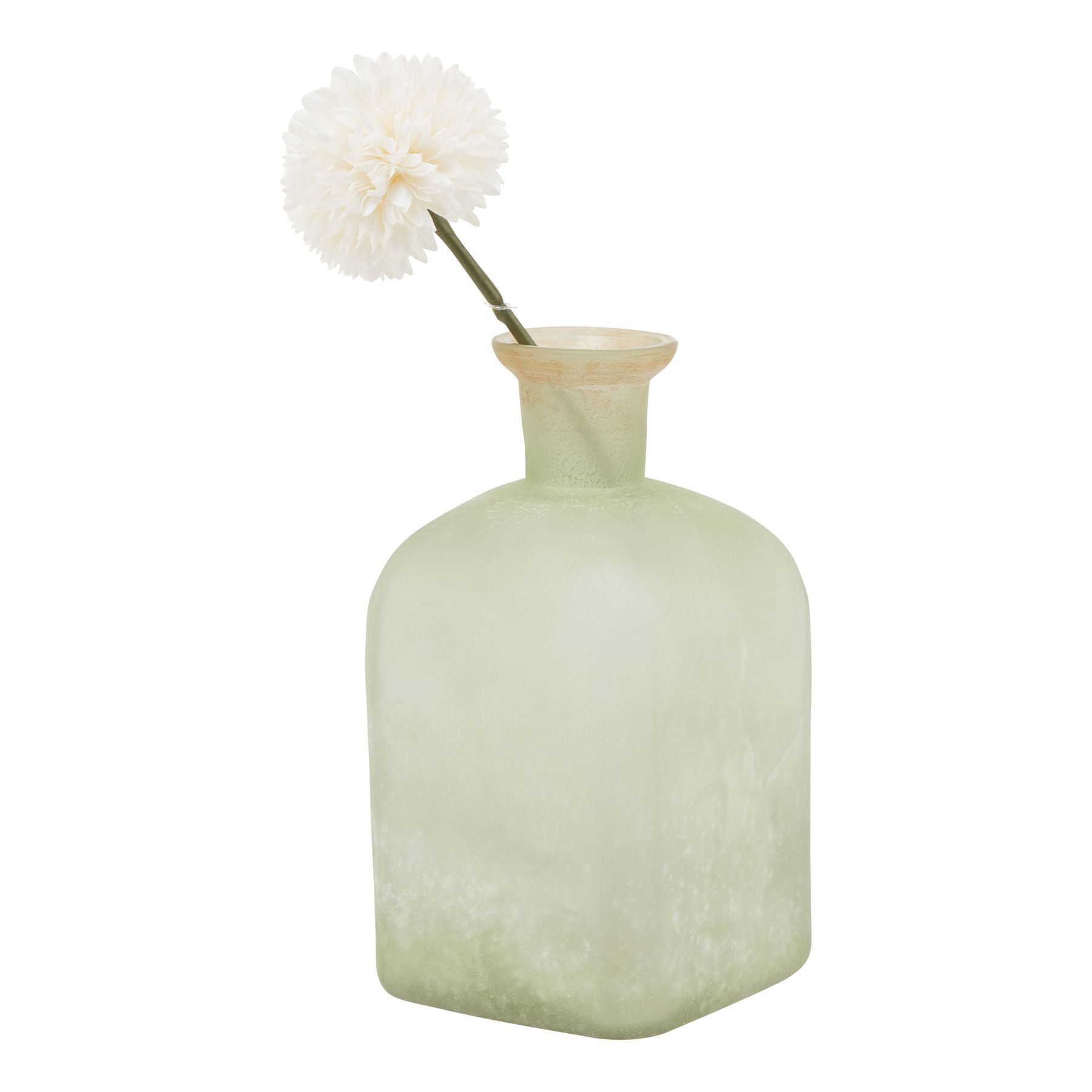 Green textured vase with a white flower on a white background