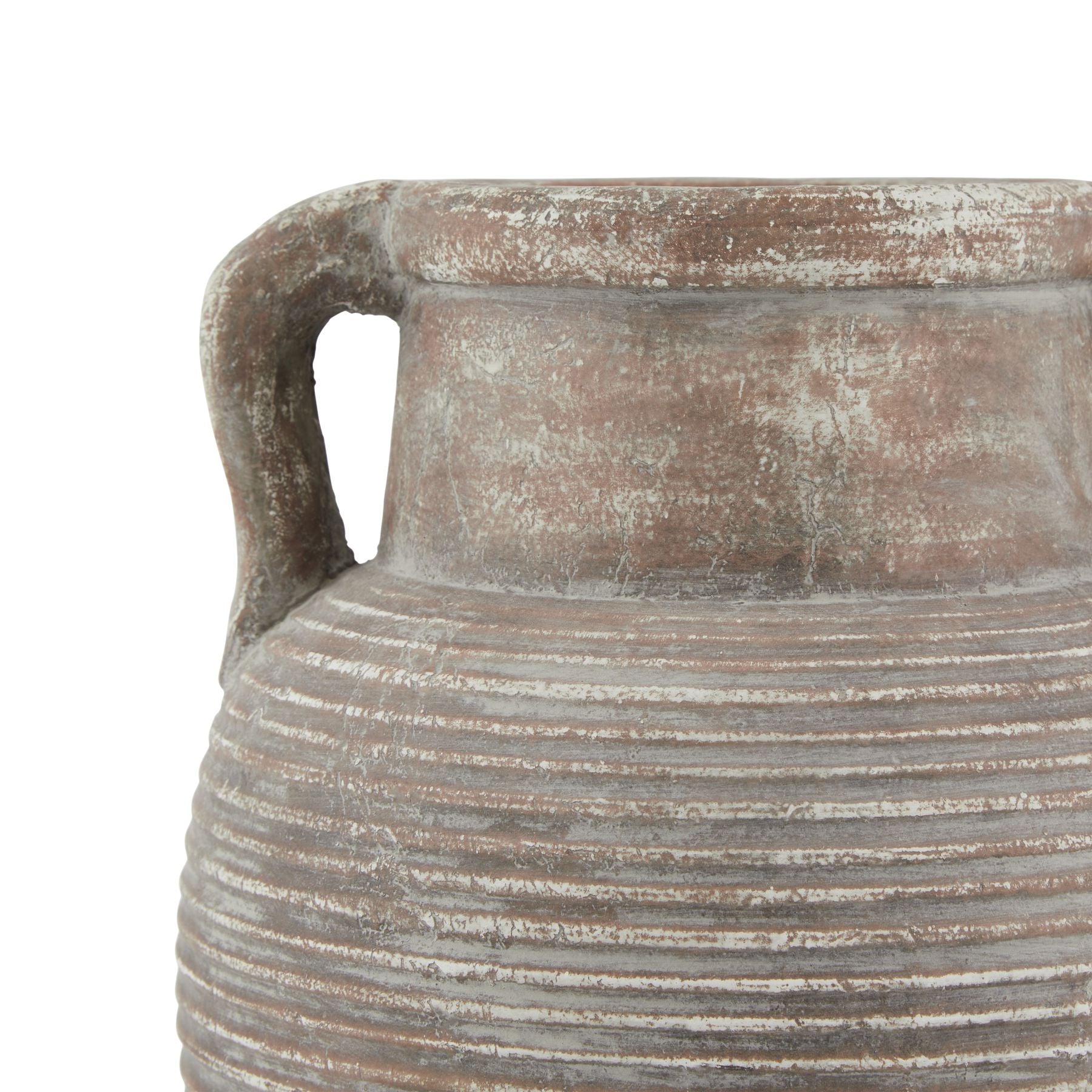 Close-up of a textured ceramic pot with a handle on a white background