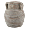 Decorative terracotta vase with handles on a white background