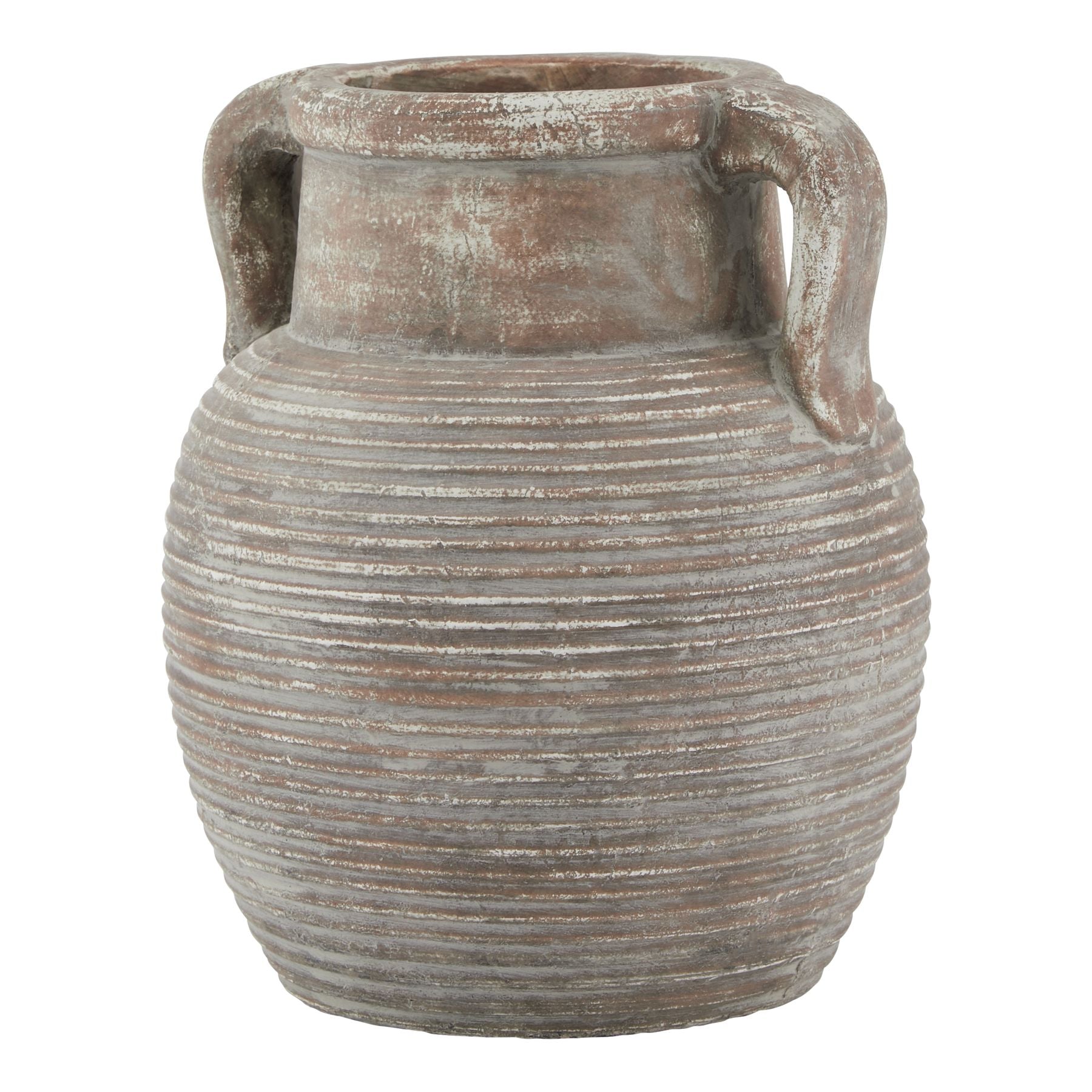 Decorative terracotta vase with handles on a white background