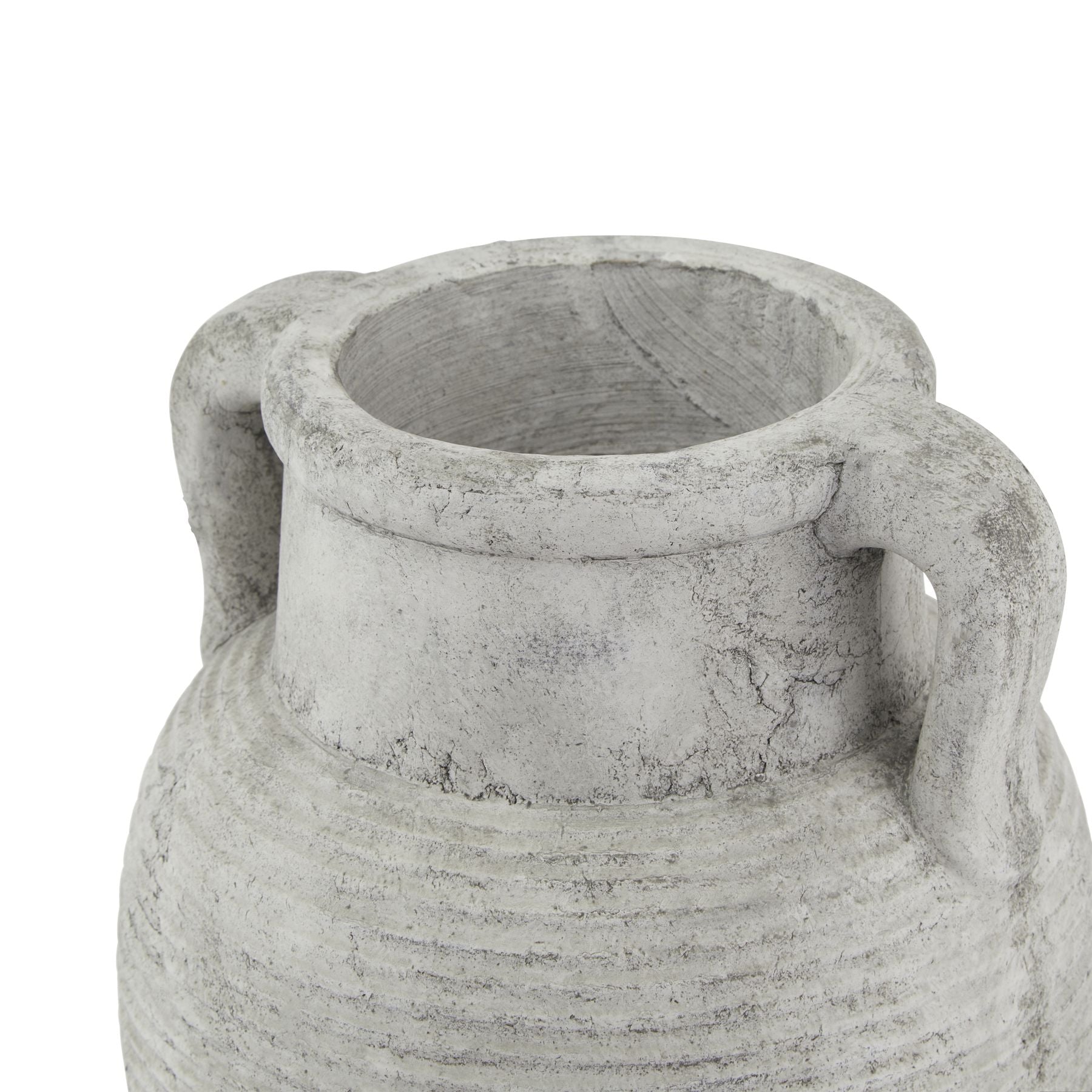Decorative stone vase with handles on a white background