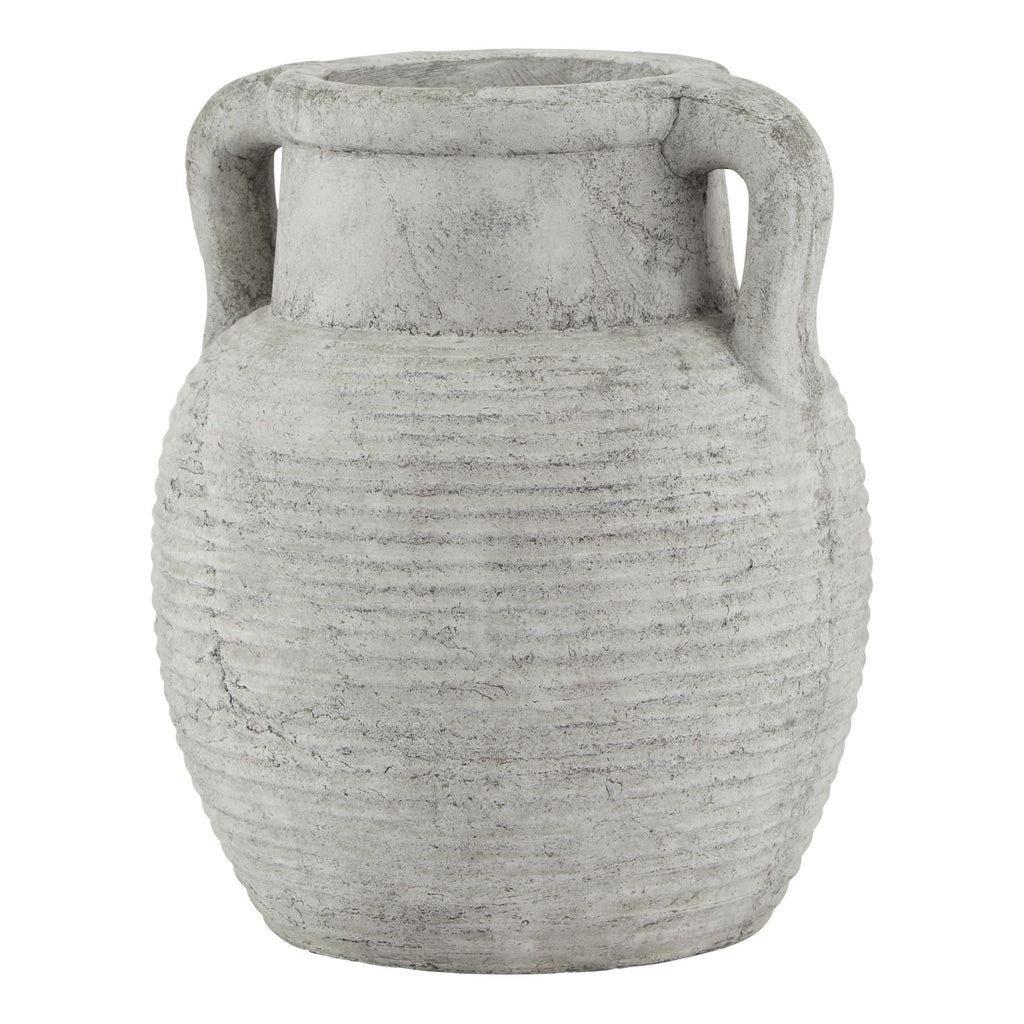Gray textured vase with two handles on a white background