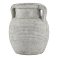 Gray textured vase with two handles on a white background