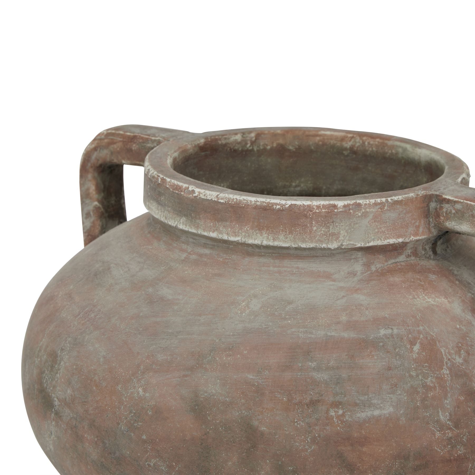 Vintage-style terracotta pot with handles on a white background