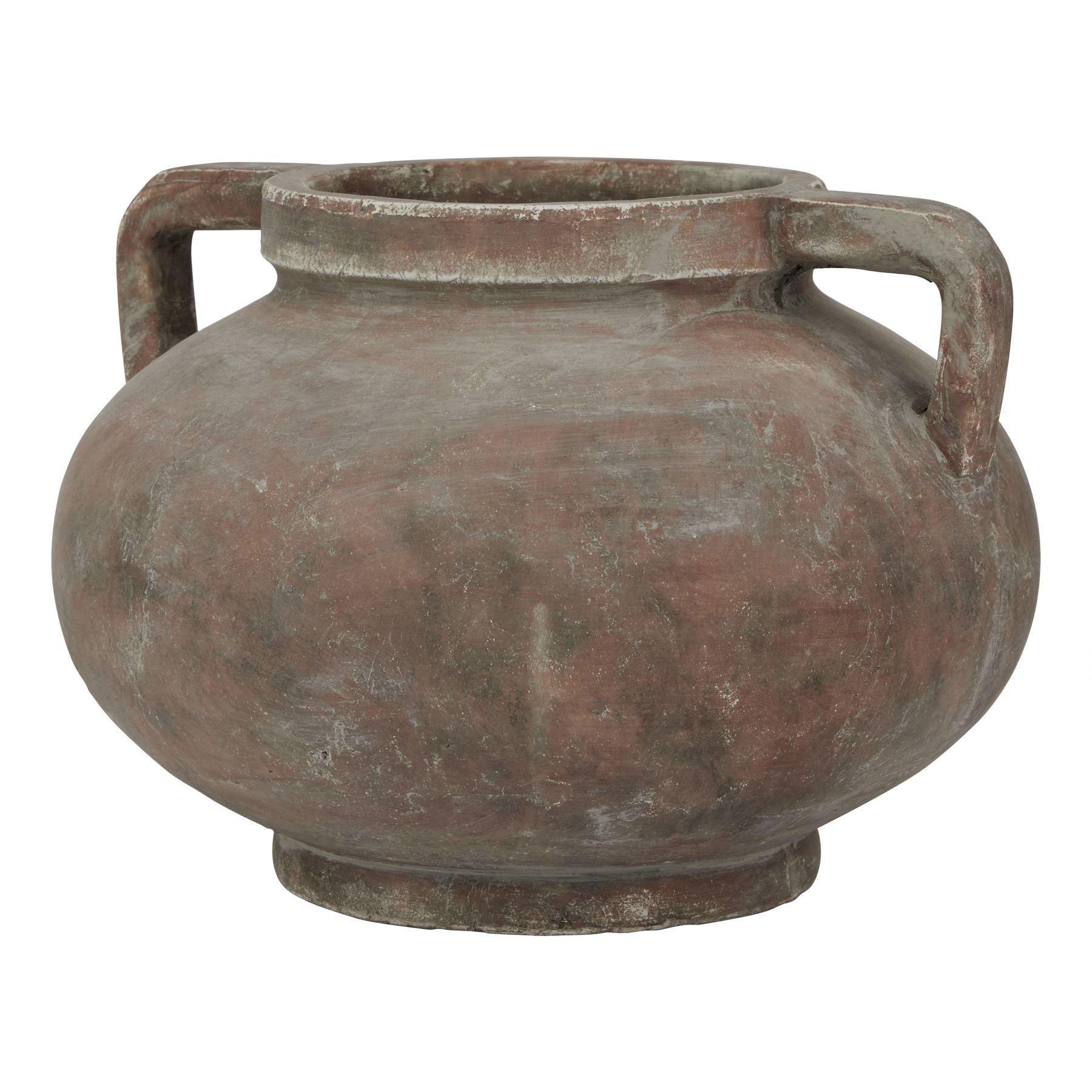 Vintage terracotta pot with handles on a white background