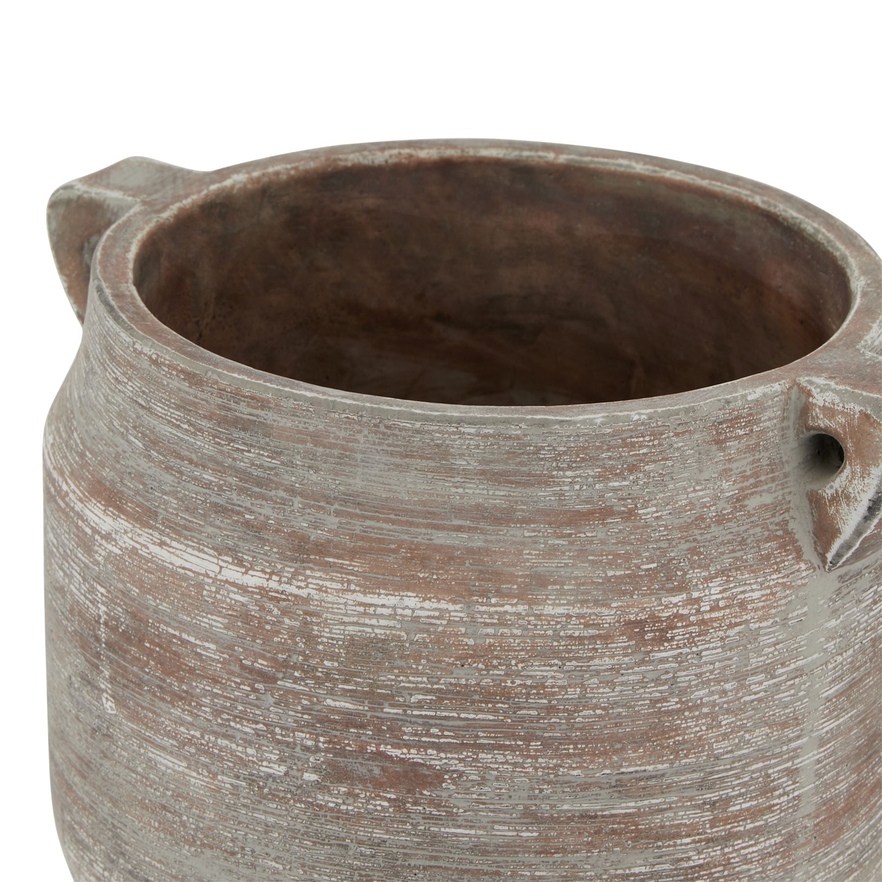 Cylindrical ceramic planter with handles on a white background