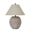 Table lamp with ribbed ceramic base and beige shade on a white background