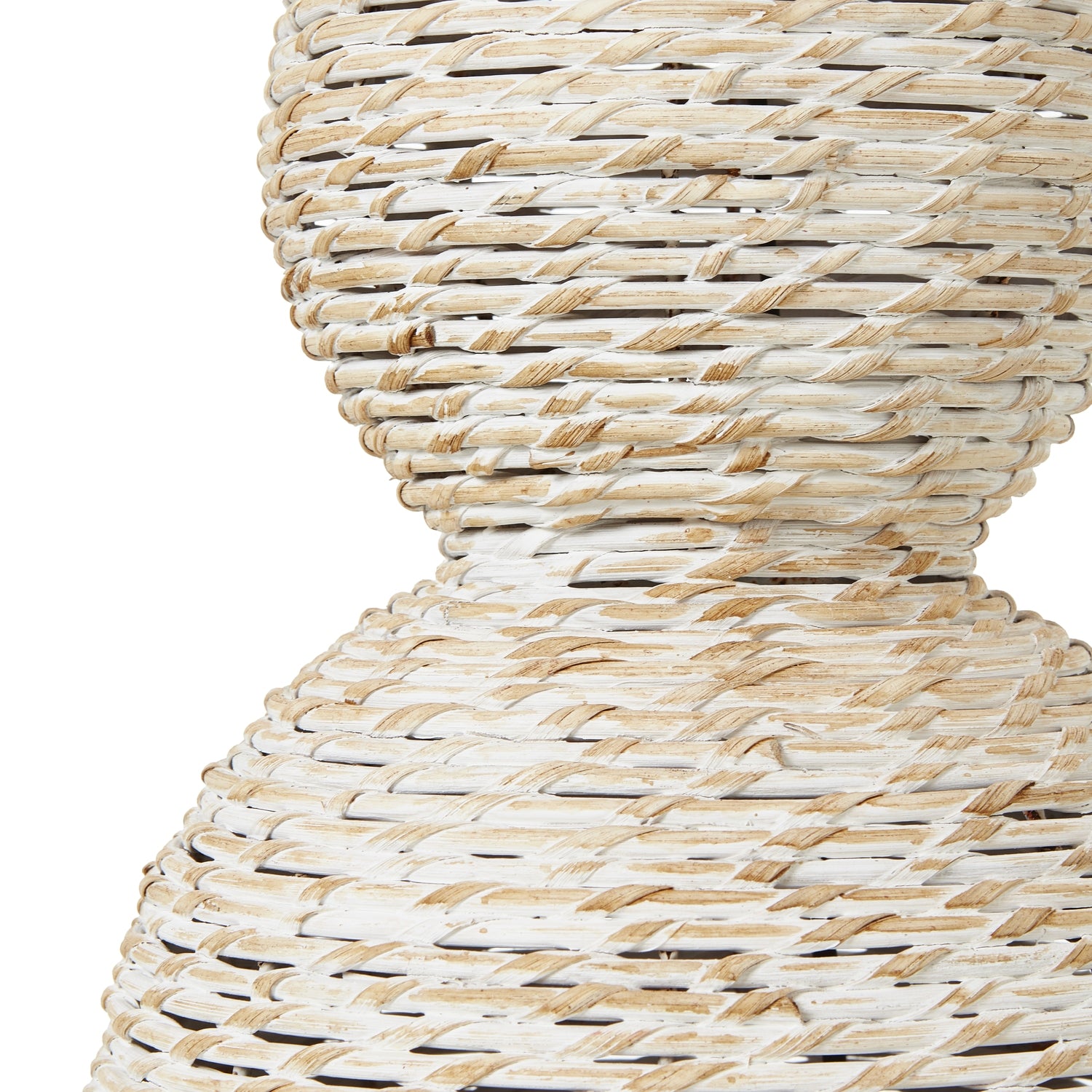 Close-up of a woven rattan stool with a natural pattern on a white background