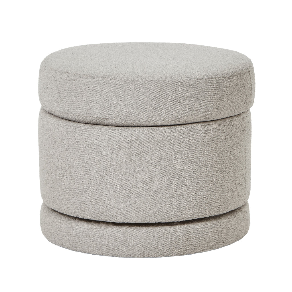 Round gray ottoman with a stackable design on a white background