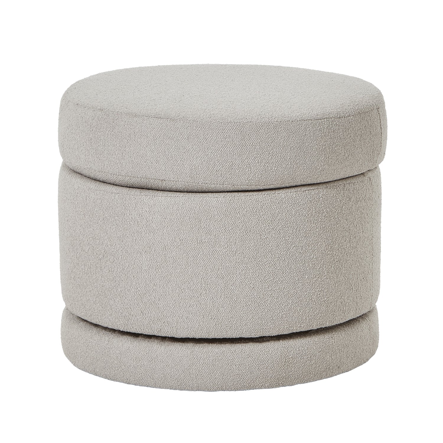 Round gray ottoman with a stackable design on a white background