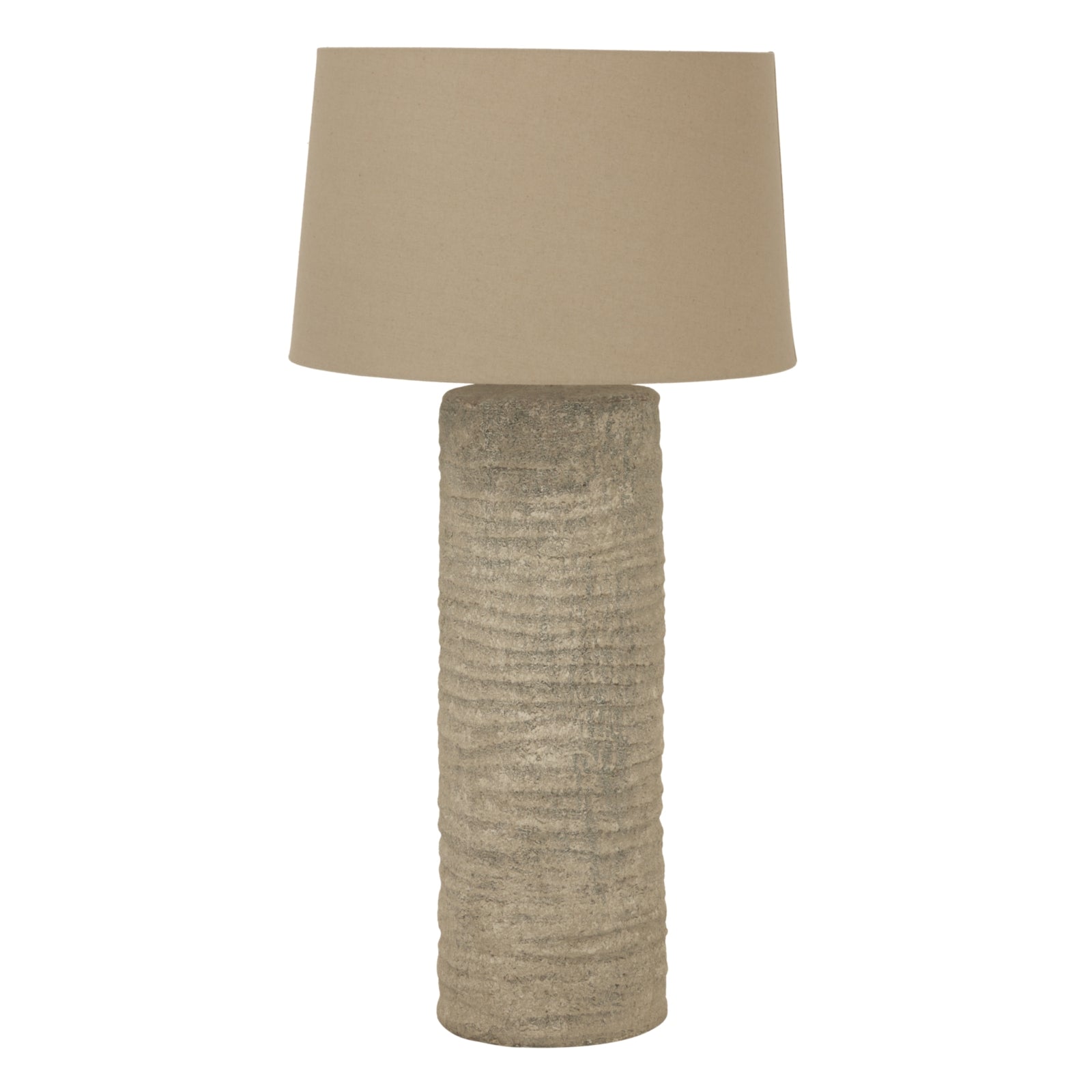 Table lamp with textured base and beige lampshade on a white background