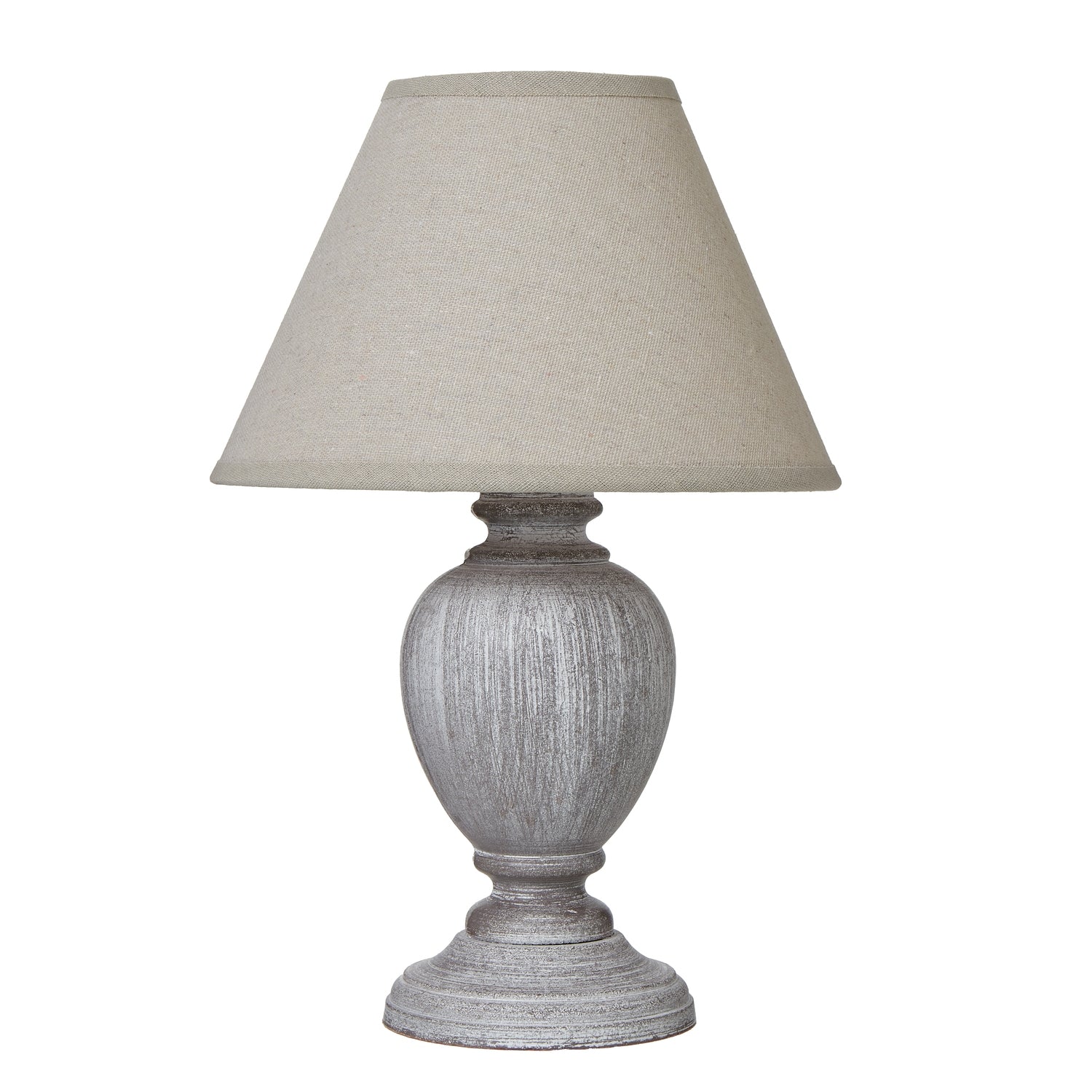 Table lamp with a textured gray base and beige lampshade on a white background