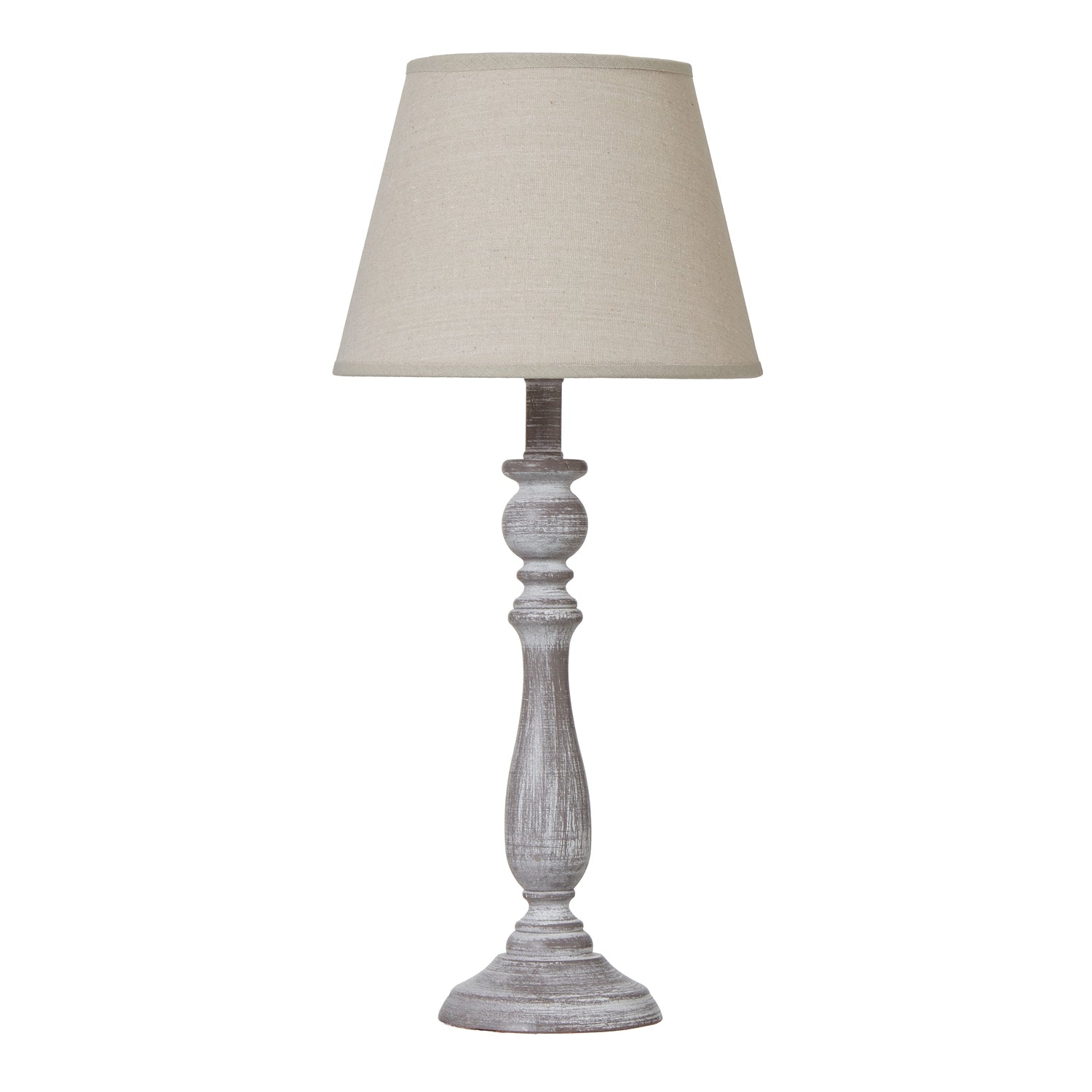 Table lamp with a beige shade and wooden base on a white background